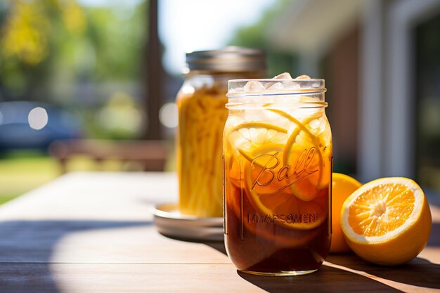 Refrescante caffè freddo in barattolo Mason con ghiaccio e limone twist