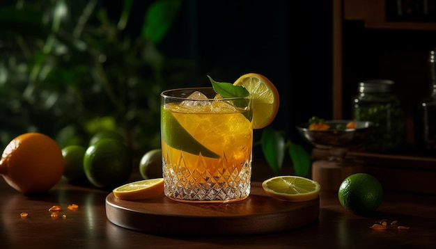 Refrescante cocktail di agrumi con fette di limone e lime su un tavolo di legno generato dall'AI
