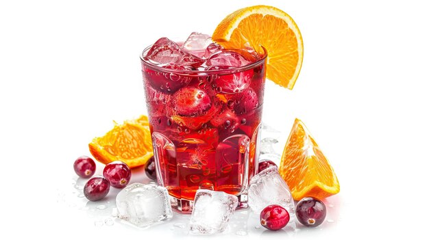Refrescante cocktail di arance di mirtillo con ghiaccio in bicchiere su bianco