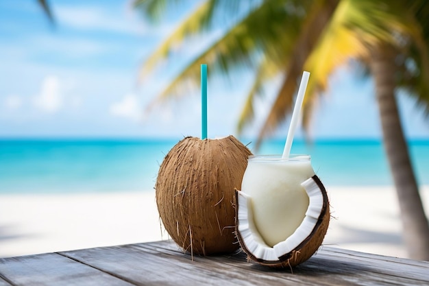 Refrescante cocktail di cocco tropicale con paglia su una spiaggia AI generativa