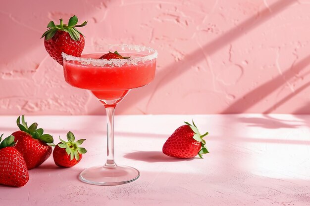 Refrescante cocktail estivo margarita di fragole su sfondo rosa in luce naturale generativo ai