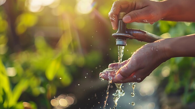 Refreshing clean water from a garden tap fills a persons cupped hands ready to be splashed on a hot summer day