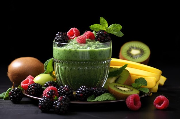 Refreshing Green Smoothie in vetro circondato da frutta fresca Smoothie verde adornato con frutta e bacche su uno sfondo nero Concetto di cibo sano AI generato