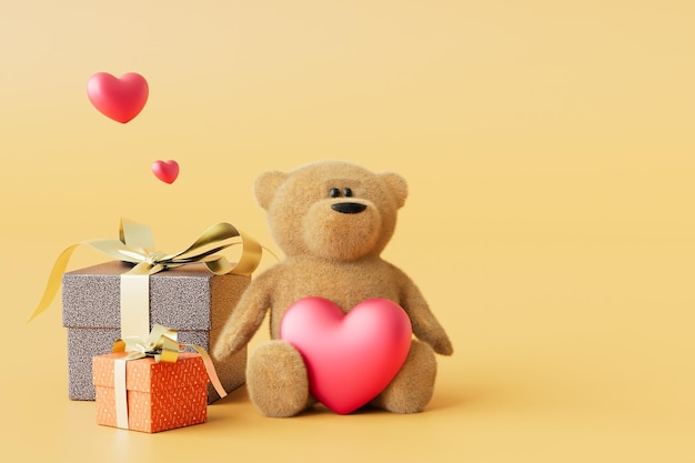 Regali a una persona cara orsacchiotto con un cuore accanto alle scatole regalo su sfondo beige rendering 3D