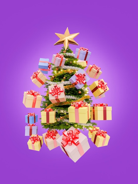regali che galleggiano intorno a un albero di Natale