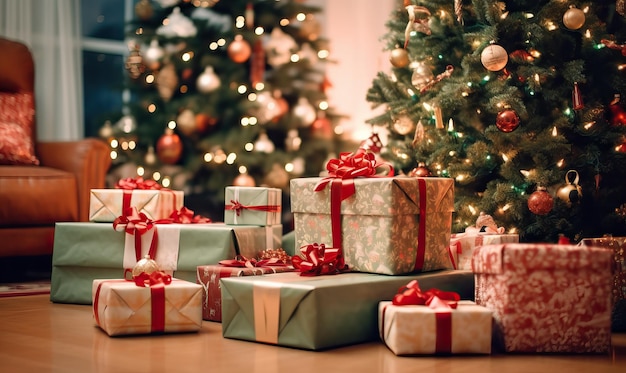 Regali confezionati a festa sotto l'albero di Natale Creato utilizzando strumenti di intelligenza artificiale generativa