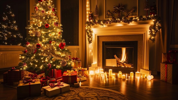 regali di camino all'interno di Natale magia albero luminoso al buio di notte generativo Ai