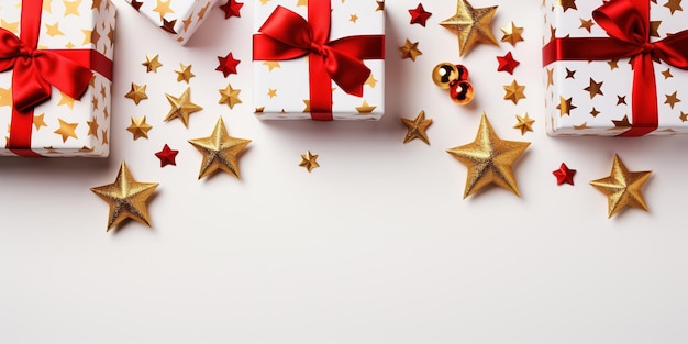 Regali di composizione natalizia o regali rossi decorativi rami di pino ciliegie stelle dorate grister su sfondo bianco xmas festeggiare il nuovo anno vista dall'alto
