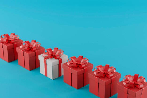 Regali di Natale bianchi e rossi su sfondo blu rendering 3d