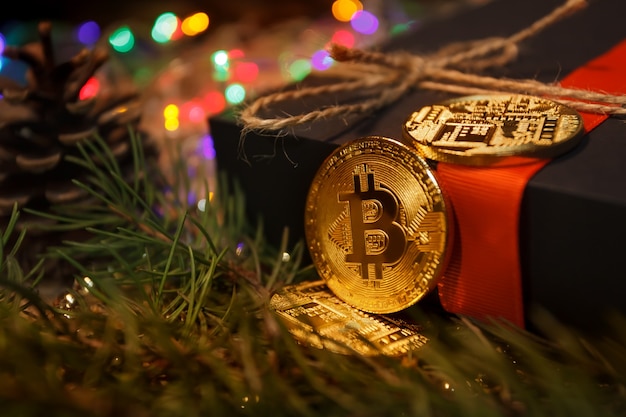 Regali di Natale bitcoin ghirlanda e rami di abete