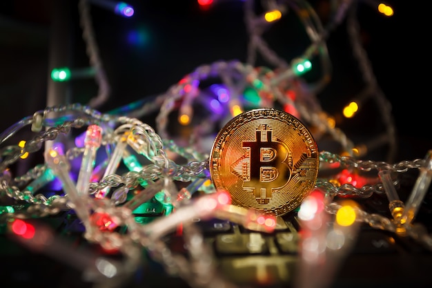 Regali di Natale bitcoin ghirlanda e rami di abete