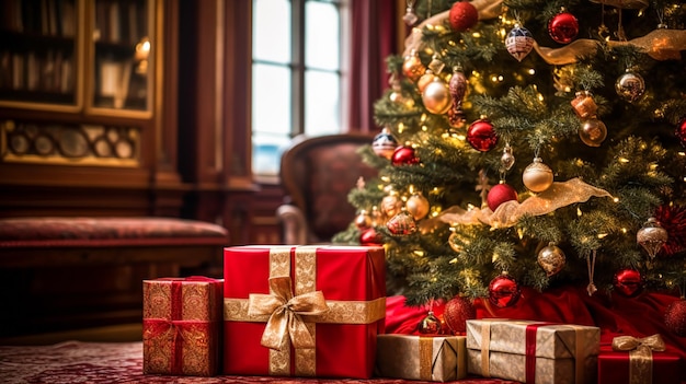 Regali di Natale buone feste e celebrazione delle vacanze scatole regalo avvolte regali e albero di Natale decorato ai generativo