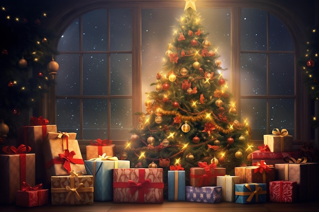 Regali di Natale buone vacanze e festeggiamenti, scatole regalo avvolte e decorate Chr