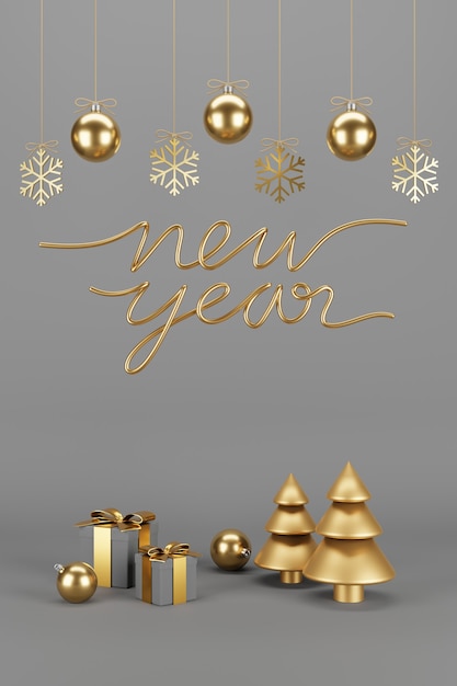 Regali di Natale e Capodanno con coriandoli e decorazioni. Banner design 3D Illustration