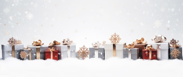 regali di Natale e fiocchi di neve con decorazioni natalizie su sfondo bianco