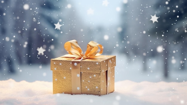Regali di Natale e regali scatola regalo nella neve nella nevicata campagna invernale natura per il giorno di boxe vacanze vendita di acquisti