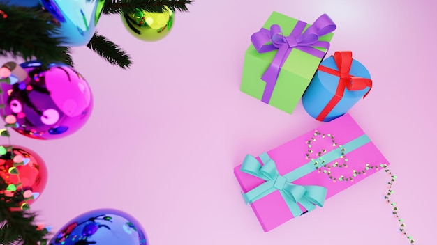 regali di natale ghirlanda e albero di natale su sfondo rosa vista dall'alto 3d