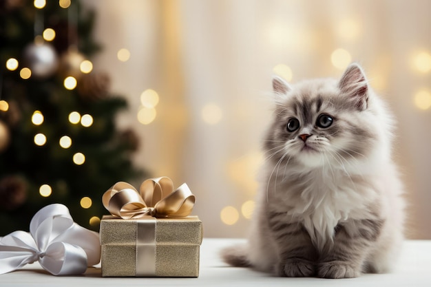 Regali di Natale in stile minimalista per sfondo di gatti con spazio vuoto per il testo