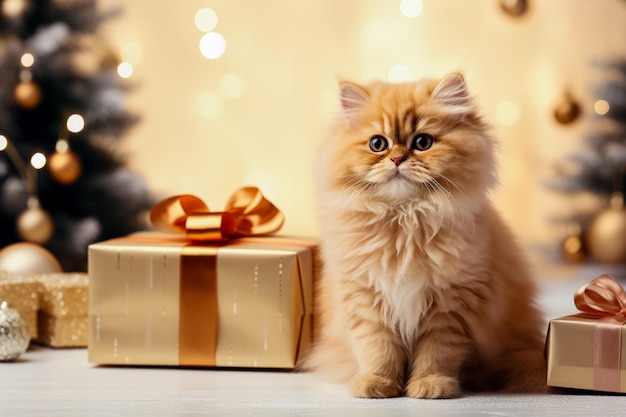 Regali di Natale in stile minimalista per sfondo di gatti con spazio vuoto per il testo