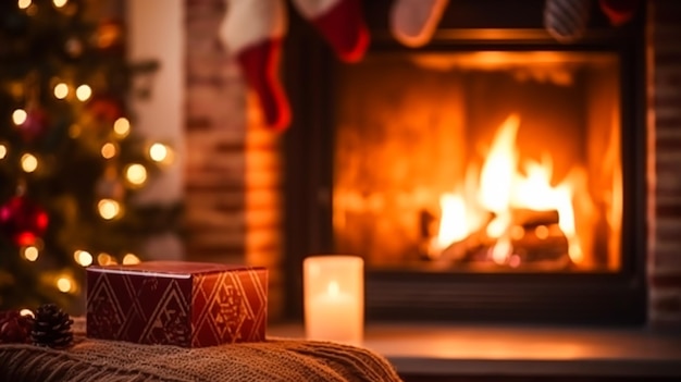 Regali di Natale per le vacanze decorazioni in stile cottage di campagna e decorazioni dall'atmosfera accogliente nella casa di campagna inglese con albero di Natale e camino sullo sfondo idea di vacanze invernali