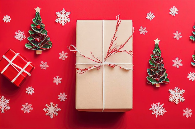 regali di natale su sfondo rosso con pacchetti e pezzi decorativi di motivi natalizi