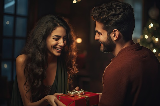 Regali di Natale Uomo che dà un regalo rosso alla donna San Valentino Tempo di Natale AI generativa