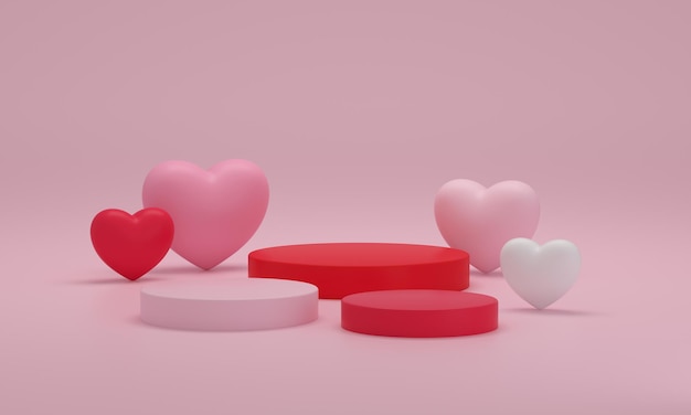 Regali e cuori intorno a un podio su sfondo rosa Buon San Valentino compleanno donna o banner giorno mam