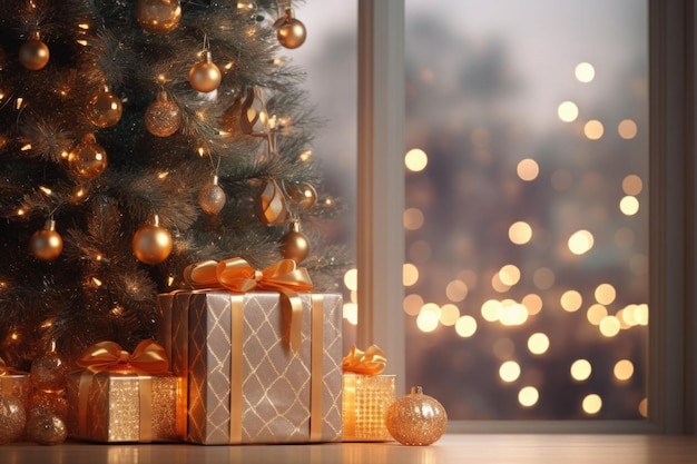 Regali e decorazioni per l'albero di Natale Finestra con luci di Natale sullo sfondo Illustrazione generata dall'intelligenza artificiale