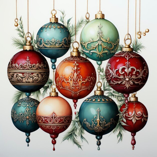 Regali e ornamenti di decorazioni natalizie illustrati in acquerello con sfondo bianco