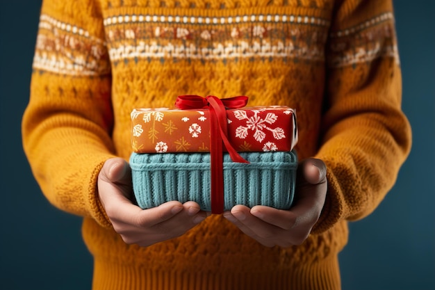 Regali in mano su uno sfondo di colore minimo Capodanno e vacanze di Natale