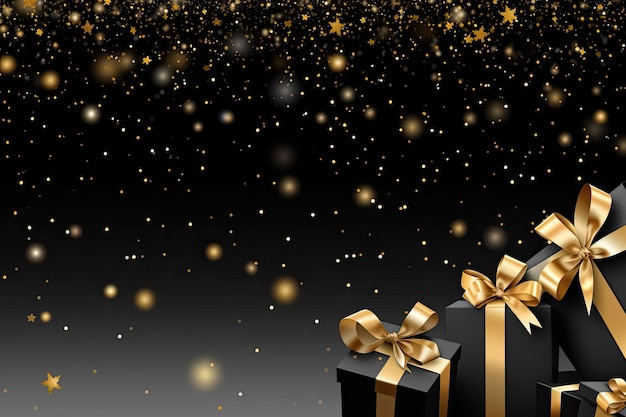 Regali neri con nastro dorato su sfondo Bokeh con spazio di copia per gli auguri di Natale