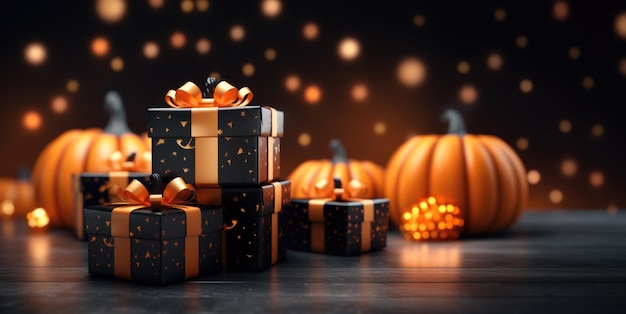 Regali neri e oro sullo sfondo delle zucche Scatole regalo nere con nastro d'oro Zucche di Halloween Fiocco arancione Regalo nero con stelle sullo sfondo delle lampadine