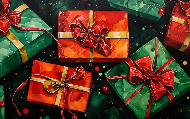 regali rossi e verdi scuri su un tessuto di Natale