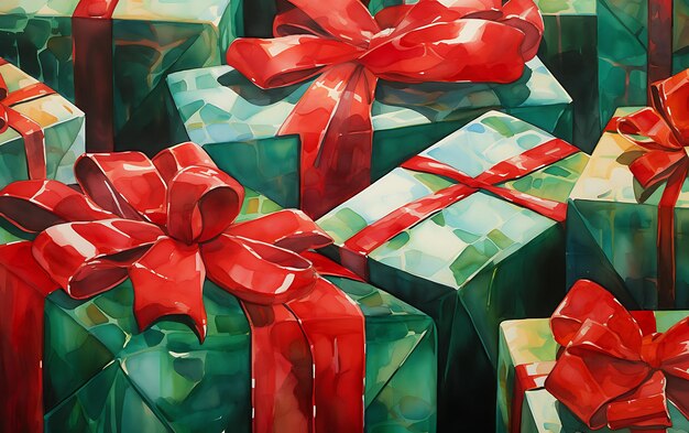 regali rossi e verdi scuri su un tessuto di Natale