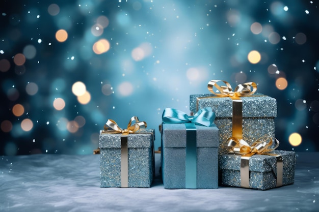 regali su uno sfondo natalizio con luci
