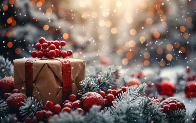 Regalo avvolto in carta marrone circondato da decorazioni natalizie AI generativa