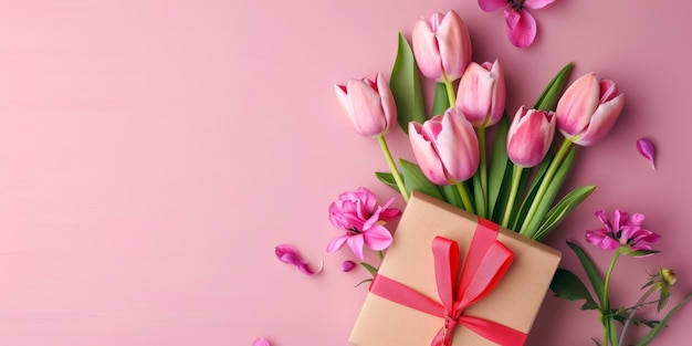 Regalo avvolto in tulipani rosa su sfondo rosa