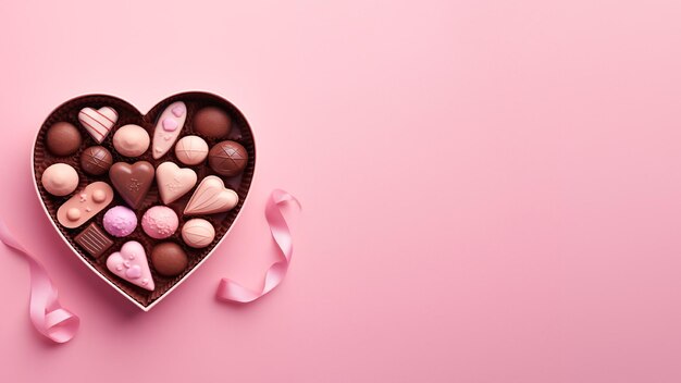 Regalo con amore per il giorno di San Valentino scatola a forma di cuore di cioccolatini striscia con spazio vuoto su sfondo rosa AI generativa