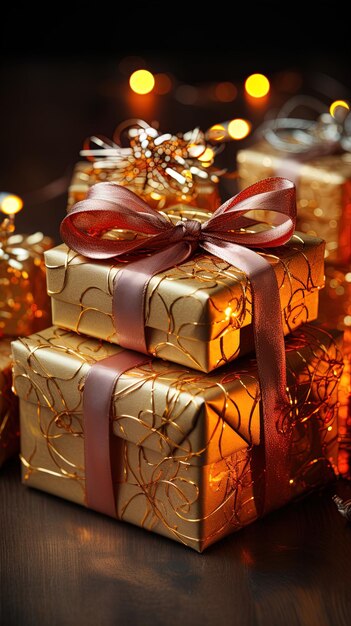 regalo d'oro di Natale avvolto in foglio d'oro con un nastro rosso