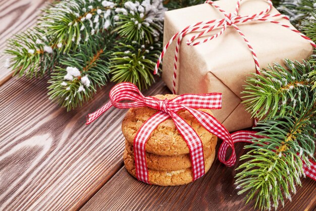 Regalo di biscotti di pan di zenzero di Natale e ramo di un albero