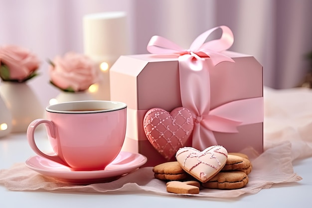 regalo di festa di San Valentino tè in una tazza rosa e biscotti cuore su un delicato sfondo rosa con fiori serata romantica per San Valentino