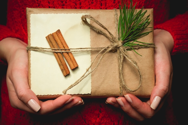 Regalo di Natale avvolto della holding della mano della donna