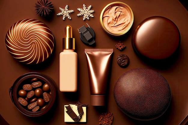 Regalo di Natale cosmetici naturali per prodotti termali per la cura della pelle flatlay