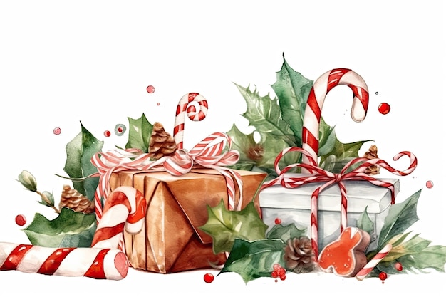 Regalo di Natale festivo con bastoncini di zucchero in stile acquerello IA generativa