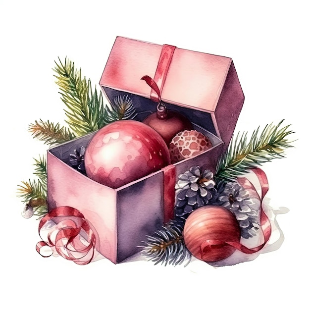 Regalo di Natale in confezione rosa con illustrazione ad acquerello a nastro