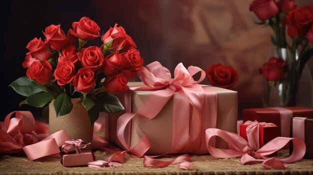 Regalo di San Valentino e rose su uno sfondo rosa