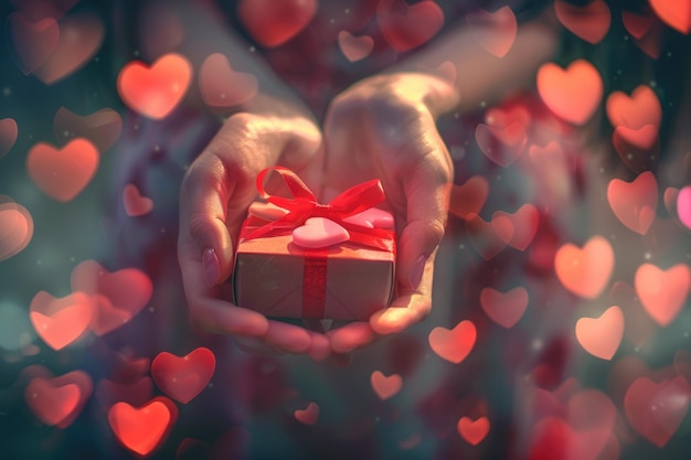 Regalo di San Valentino Mani femminili con scatola regalo a fiocco rosso