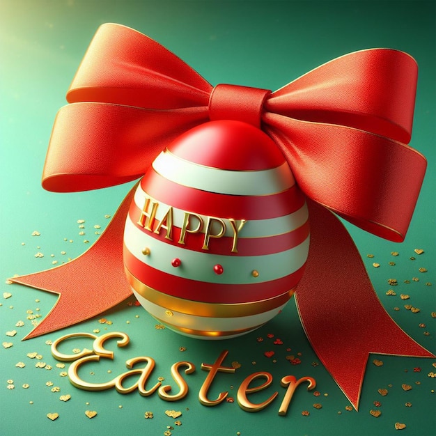 Regalo di uova di Pasqua con un grande nastro rosso e un disegno di canna di caramelle