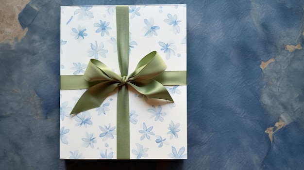 Regalo per il giorno di San Patrizio, scatola regalo blu e bianca con arco verde.