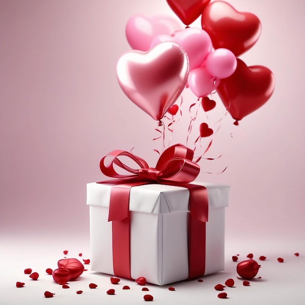Regalo regalo bianco avvolto con nastro rosso e sfondo di festa di compleanno con palloncino rosso rosa